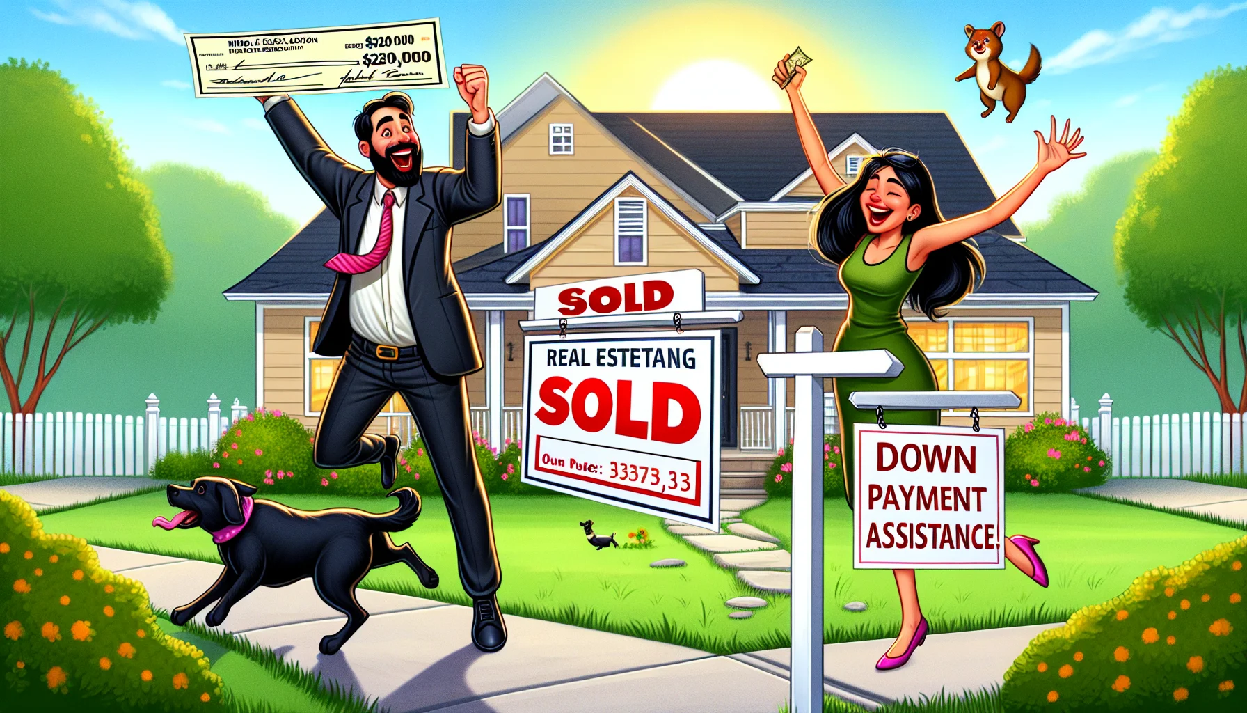 Illustrate a humorous and realistic scenario of the perfect real estate deal. An ecstatic South Asian woman, who is a first-time home buyer, along with a jolly Middle-Eastern real estate agent, prominently displaying a 'Sold' sign in front of a charming suburban house. The home buyer is joyously holding up an oversized check for $20,000 titled 'Down Payment Assistance'. The sun is shining brightly in the sky indicating a perfect day as the lady's black Labrador Retriever playfully chases a squirrel in the well-kept garden.