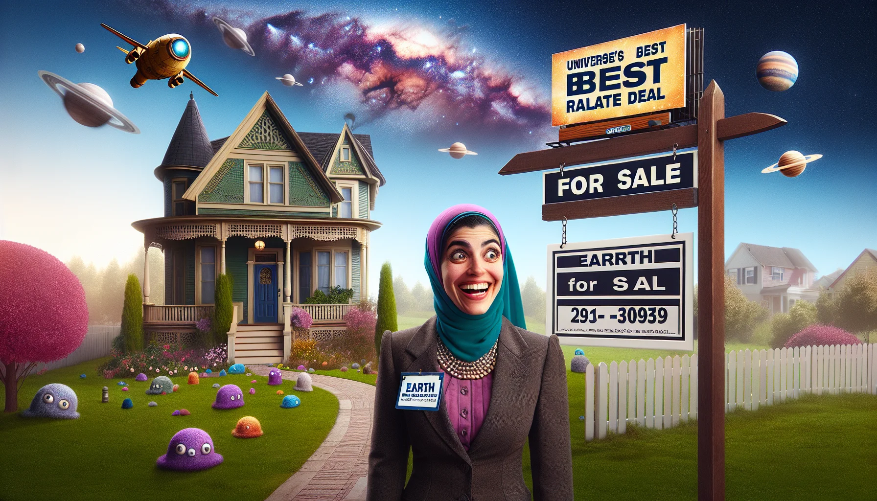 Imagine a humorous and realistic scene of a stellar real estate opportunity. The setting is a postcard-perfect neighborhood with well-manicured lawns, Victorian-style houses with quirky, bright colors, and friendly neighbors. A Middle-Eastern female real estate agent with a wide smile is presenting a 'For Sale' sign that reads 'Universe's Best Real Estate Deal', with an arrow pointing towards an idyllic, charming house with some amusing features - perhaps a tiny spaceship as a mailbox or an alien-shaped topiary. The sky above displays a billboard with 'Earth: The Perfect Neighborhood in the Milky Way’ written on it. Create an atmosphere of joy, optimism and a touch of cosmic humor.
