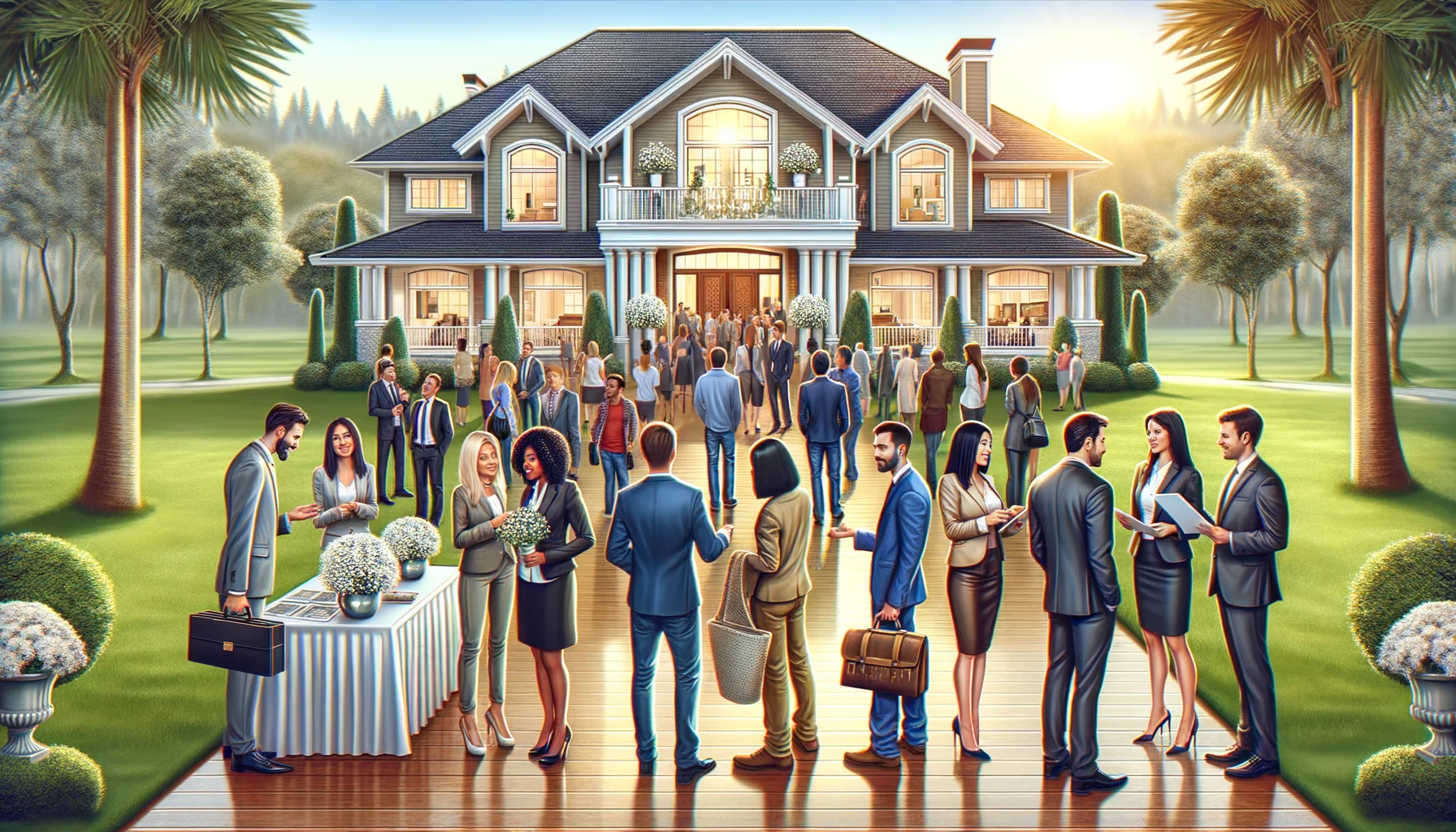 Create a lighthearted, realistic image featuring a scene that real estate agents would consider ideal. Picture a bustling open house event, with people of various genders and different descents such as Caucasian, Hispanic, Black, Middle-Eastern, and South Asian showing interest in a stunning, luxurious house. The agents (a balanced mix of males and females) are all smiles as they successfully negotiate deals. There's an atmosphere of prosperity, positivity and everyone's excitement is visible. Decorations are sophisticated, the house is gleaming from floor to ceiling, the sun is shining through large windows onto polished hardwood floors, and the beautifully manicured lawn outside is lush and green.