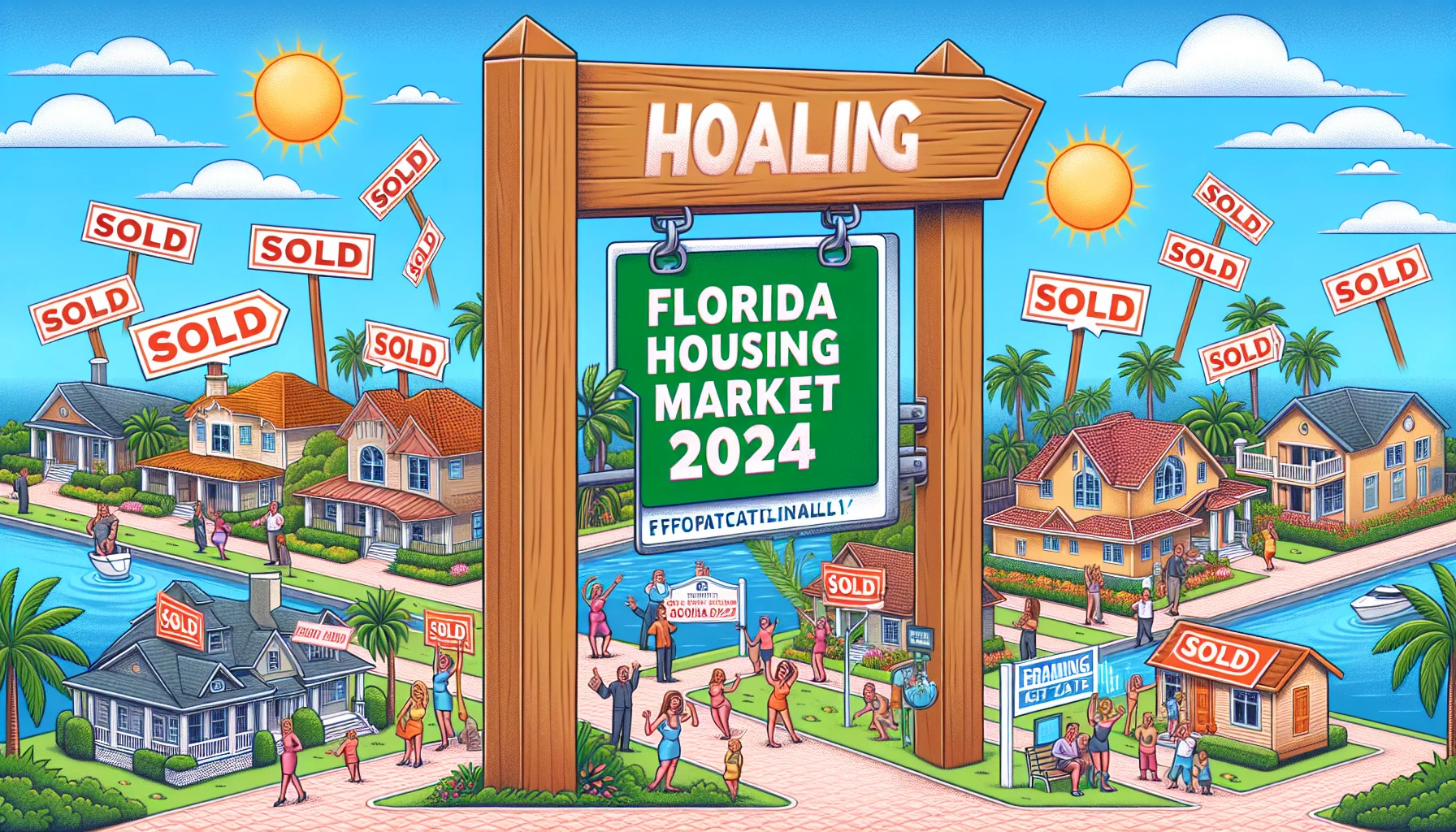 Show a humorous and realistic image of the Florida housing market in 2024. Picture a fantastically optimal real-estate scenario. Have a signpost with the label 'Florida Housing Market 2024' standing out. Incorporate attributes exemplifying a booming market, like houses with 'Sold' billboards, people excited over their property purchases. Also include elements that are representative of Florida such as palm trees and waterfront houses. Make it lively and colorful.