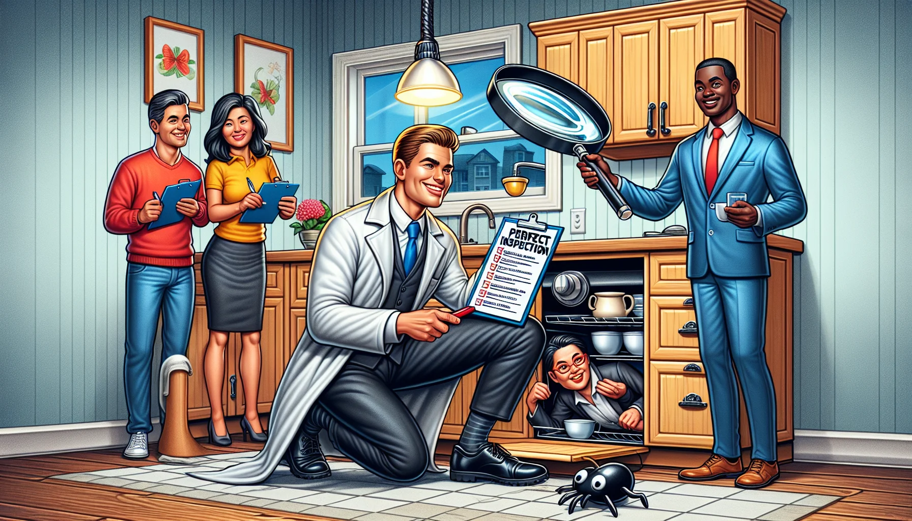 Create a realistic yet humorous image showcasing the ideal scenario for home inspection in real estate. The image should contain a Caucasian male inspector draped in a professional uniform. He is using an oversized magnifying glass to inspect an impeccably clean kitchen. To further emphasize the detailed inspection, have him squatting on the floor looking underneath the kitchen cabinet with a smile. On another side, a South Asian female homeowner is handing a perfect checklist, while a Black male realtor is presenting a 'Flawless House' certificate. Be sure to include fun little details like a sparkling faucet, a spotless oven, and overly fat house keys.