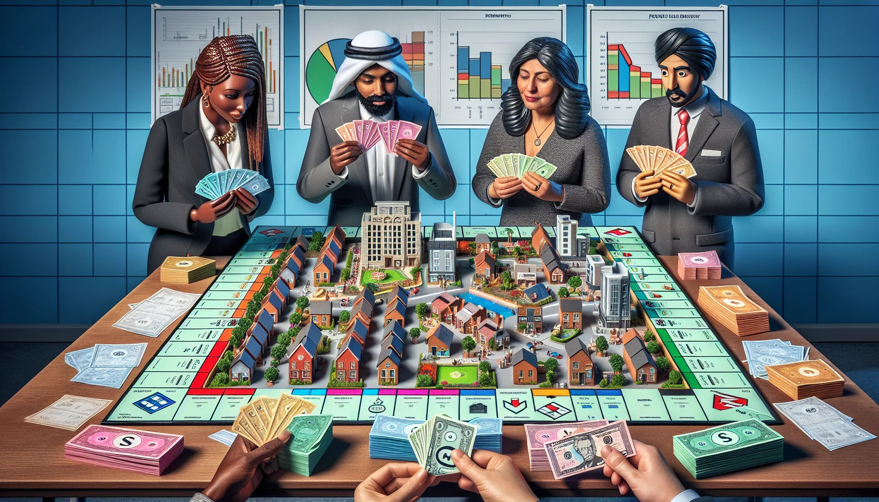 Generate a humorous and realistic image showing the ideal scenario in the realm of real estate investment. Picture a beautifully made detailed model of a small town, with a handful of investors - a Black woman, a Middle-Eastern man, a South Asian woman, and a Hispanic man - huddled together, each holding small sections of the town under a magnifying glass. Each section they hold yields signs of prosperity like renovated buildings, bustling markets, and flourishing parks. Surrounding them, are stacks of game Monopoly-style currency, blueprints, and graphs showing upward trends. Add a banner in the sky saying 'Perfect Real Estate Investments'.