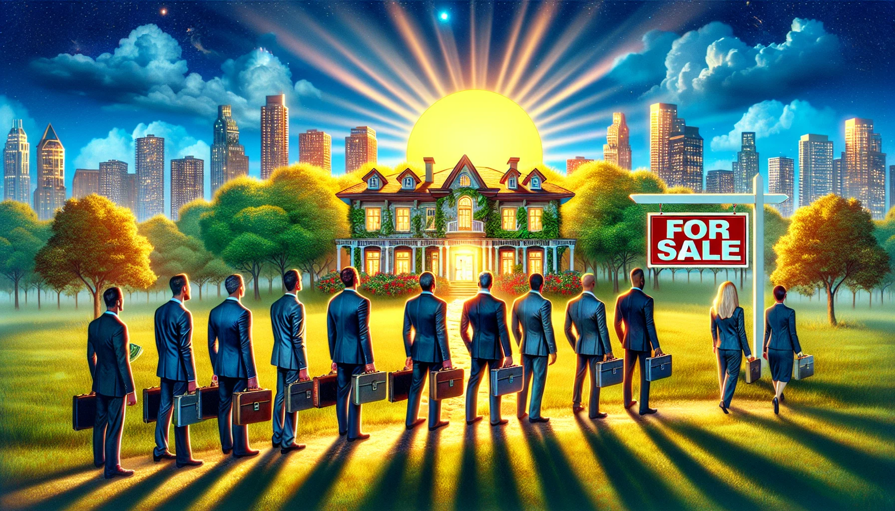 Generate a humorous image represented in a surrealistic way that showcases the most ideal scenario in the world of real-estate. Include a prominently displayed sign marked 'For Sale' with a bright sun overhead shining on a pristine mansion nestled between vibrant green trees. A trail of interested potential buyers of different descents such as Caucasian, Hispanic, and Black both men and women are lined up, each holding a briefcase of cash. Illuminated against the backdrop is a city skyline with skyscrapers that are gleaming in the light of the setting sun.