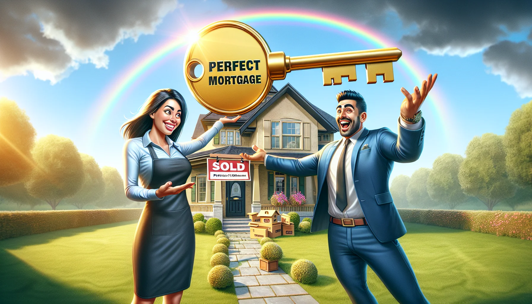 Imagine an artful and humorous scenario dedicated to showcasing a mortgage product. In this scene, a happy South Asian female realtor hands a giant golden key labeled 'Perfect Mortgage' to a proud Middle-Eastern male homeowner. His arms are wide open with a huge smile on his face, reflecting relief and joy. In the background is a beautiful, idyllic house with a 'Sold' sign on the manicured lawn, under a clear, sunny sky. A rainbow pops out from behind the house, symbolizing the homebuyer's optimism and successful transition into homeownership.