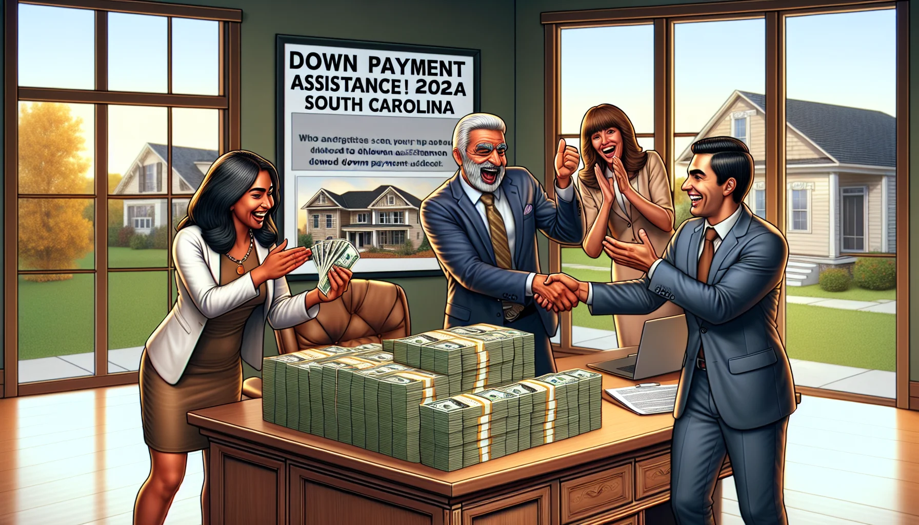 Imagine a humorous, realistic scene depicting the perfect scenario for down payment assistance in South Carolina, 2022. In the scene, a young Hispanic woman, a seasoned Middle-Eastern real estate agent, and an enthusiastic South Asian banker are all celebrating in a tastefully decorated office. The desk is topped with a neatly stacked pile of $15,000 in cash. On the wall, there is a large sign that reads 'Down Payment Assistance Program 2022'. A handshake is taking place between the woman and banker, with the real estate agent applauding in the background. The expressions on their faces indicate relief, joy, and success. Simultaneously, outside of the window, you can see a beautiful house that is just within reach thanks to the generous down payment assistance.
