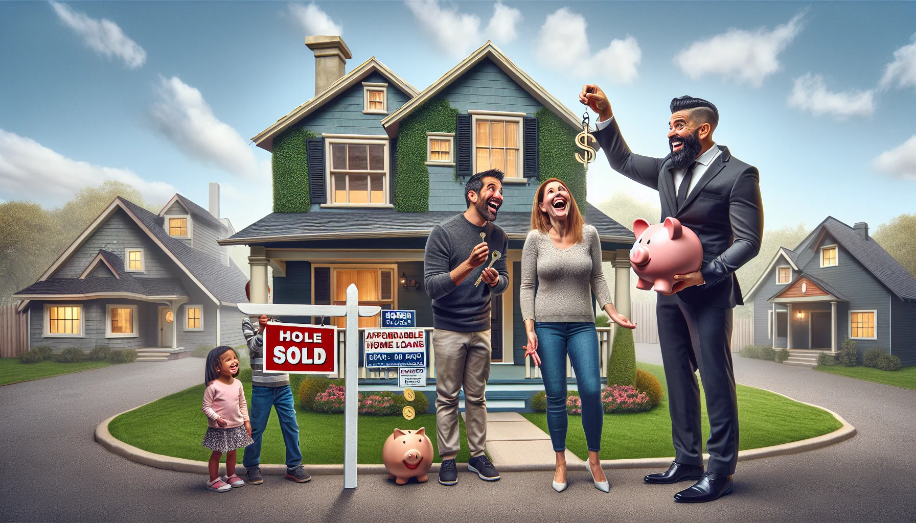Create a humorous and realistic image showcasing the ideal scenario in real estate. Envision a small family standing outside a newly bought quaint house with an exaggeratedly oversized 'Sold' sign on the neatly manicured lawn. They hold keys in their hands, and a giant dollar sign dropping into a piggy bank, symbolizing affordable home loans. The father is a Middle-Eastern man, the mother is a Hispanic woman and their child is a little girl. They are laughing while a real estate agent, a black male, happily hands them the keys. The background is a quiet suburban street, filled with similar homes.