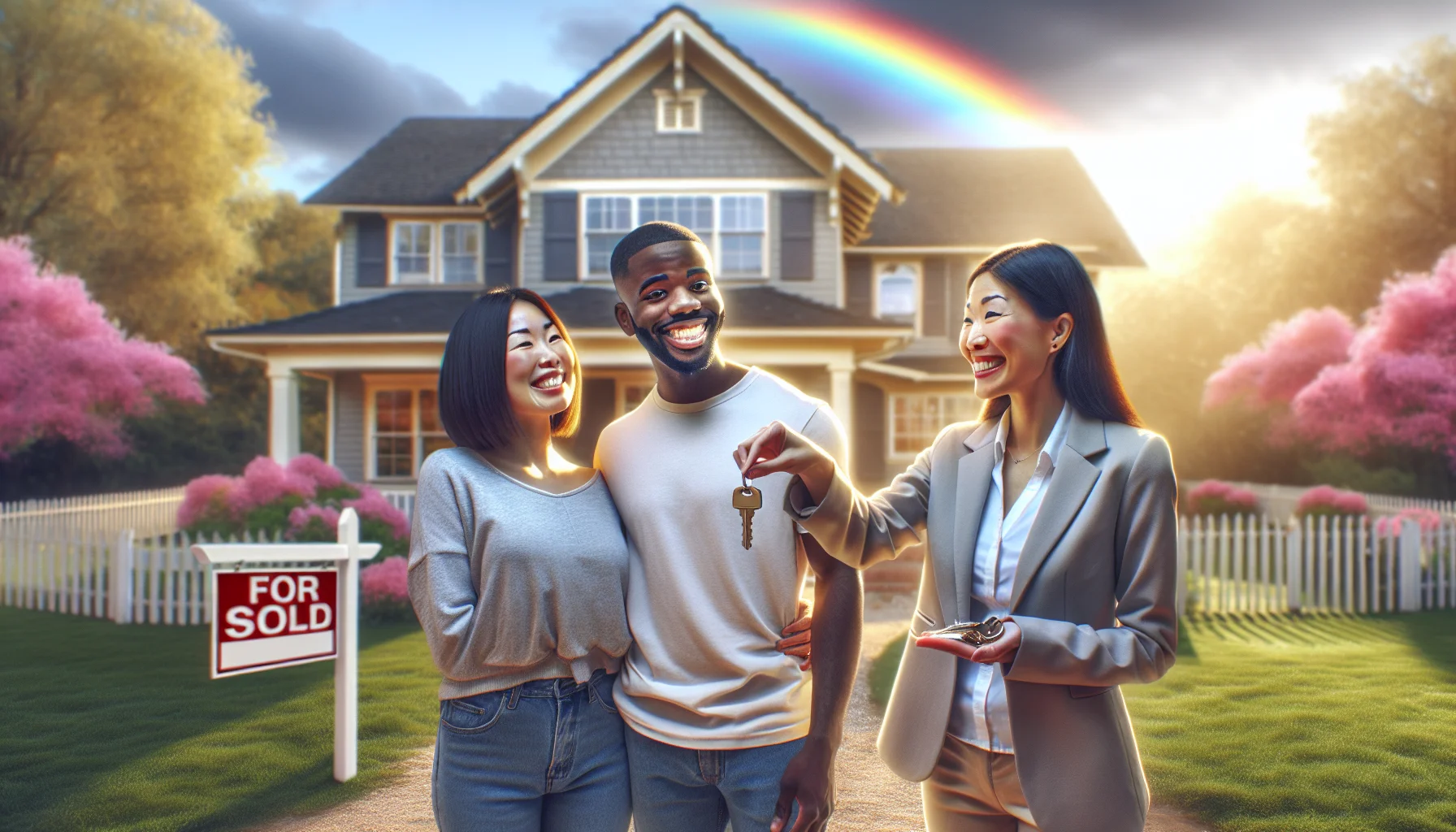 Imagine an amusing and realistic scene that depicts the absolute ideal situation in the world of real estate. A dual racial couple, Hispanic woman and Black man, smiling broadly as they accept the keys to their new home from a cheerful South Asian female real estate agent. The house in the backdrop is a beautiful suburban family home with a manicured lawn, a picket fence, and a SOLD sign out front. The environment exudes pure joy and satisfaction, lighting up the whole atmosphere with both nature and sun shining brightly, a rainbow arching overhead to add to the picture-perfect setting.