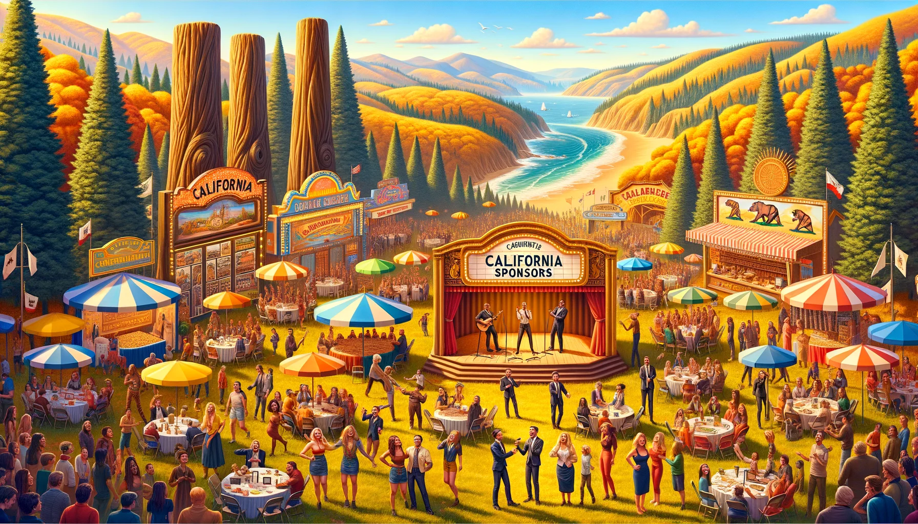 Create a realistically amusing image of a 'California Sponsors Showcase'. The scene includes fanciful yet credible California landscapes like pristine beaches, gigantic redwoods and golden rolling hills as backdrop. Sponsors' booths are bustling with people of diverse genders and descents such as Caucasians, Hispanics, and South Asians. Each booth is uniquely Californian in style and filled with creative and innovative exhibitions. Laughter is in the air as a duo of comedians perform onstage. Captivate the quintessential California vibe with warm, vibrant colors and a clear, sunny sky.
