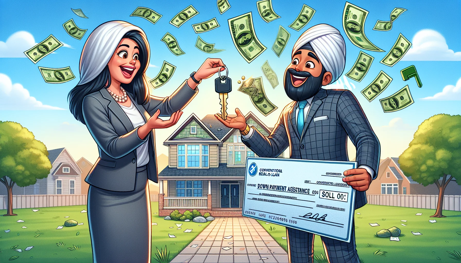 Create an image that humorously and realistically illustrates the ideal scenario for obtaining down payment assistance with a conventional loan in real-estate. The scene should feature a jovial, South Asian female real estate agent handing over giant keys to a delightful Middle Eastern male client. They are at the front of a beautiful, bright suburban home with a 'sold' sign in the front yard. The buyer is ecstatic, and his joy is represented by raining dollar bills from the sky, that he's trying to catch. At the side, an oversized cheque labeled 'Down Payment Assistance' is shown.