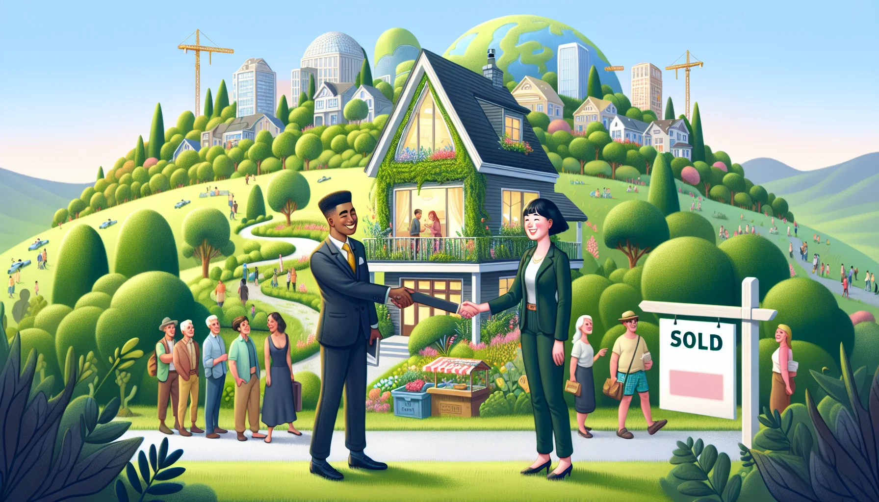 Imagine a whimsical scene that captures an idyllic real estate scenario. Picture a luxurious, eco-friendly house on a hill, surrounded by lush, manicured gardens, and a vibrant market nearby. The sign on the lawn reads 'Sold' and a smiling real estate agent, an Asian woman in a smart suit, is shaking hands with a delighted new homeowner, a Black man wearing casual attire, outside. In the background, a group of potential buyers, with diverse genders and descents, are lining up for the next open house.
