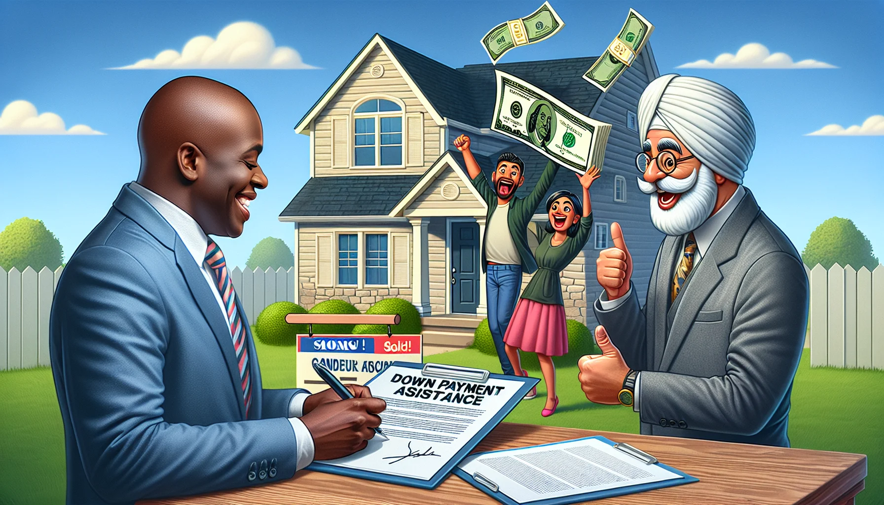 A humorous yet realistic scene showcasing a perfect scenario for down payment assistance concerning conventional loans in real estate. In the image's foreground, a cheerful African-American real estate agent is signing off on a down payment assistance contract, while a thrilled Middle-Eastern couple cheer in the background, holding their new house keys. The cozy home they are about to buy looks charming in the backdrop, with a 'Sold' sign in the yard. Above them, a clear sky displays a comically oversized dollar note symbolizing the financial assistance, and a cartoon-like bank mascot salutes from the lower corner with a welcoming smile.
