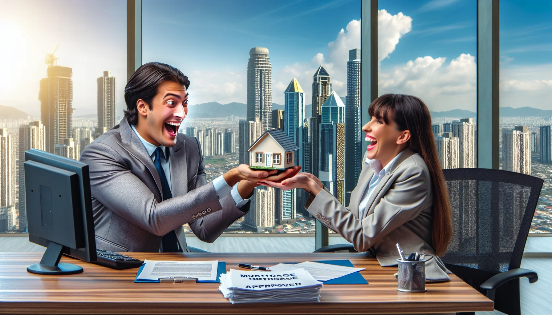 Create a humor-filled image that captures the ideal scenario of handling a mortgage in real estate. In this scene, an extremely happy Middle-Eastern male banker hands over a tiny house model to a cheerful Caucasian woman who's a first-time home buyer. Both are seated in a vibrant, well-lit office featuring a panoramic view of an urban landscape filled with towering buildings. The image also displays a computer monitor which shows a 'Mortgage Approved' message, paperwork, and a sign reading 'Zero Down Payment'. The atmosphere is light-hearted, symbolizing the absence of stress usually associated with mortgages and real estate.