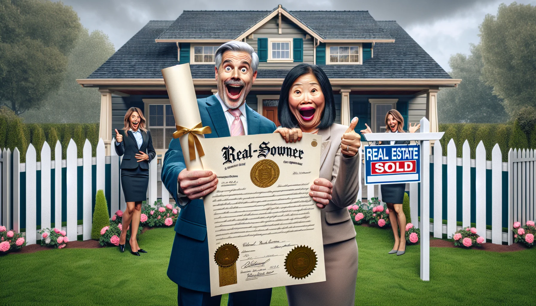 Create a humorous, hyper-realistic image that depicts an ideal scenario related to the REAL-ESTATE domain. In this image, visualize a middle-aged Caucasian male and a young Asian female, both displaying ecstatic, overly exaggerated expressions as they stand in front of their newly procured home – a charming, suburban two-story house with rose bushes and a picket fence. In their hands, they are waving a large, formally decorated parchment that signifies their 'First Home Owner Grant'. A sold sign appears on the lawn, and a real estate agent, a Black woman in her late 30s, is giving them a thumbs-up from the distance.