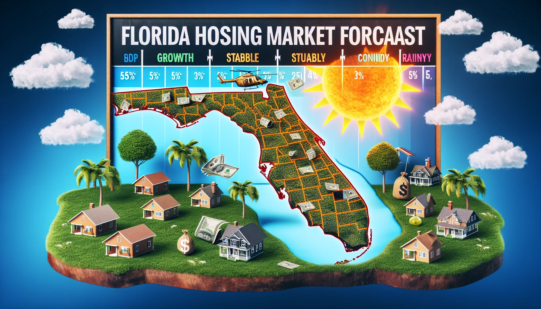 Create a humorous and realistic image representing the ideal state of the Florida housing market forecast. Picture it as an animated weather map. Mark high-growth areas as bright sunshine, stable zones as partly cloudy, and declining regions as rainy. Include little houses and money trees growing together with helicopter views over some of the best properties. Animate a rising sun in the backdrop, symbolizing growth and prosperity in the real-estate market.