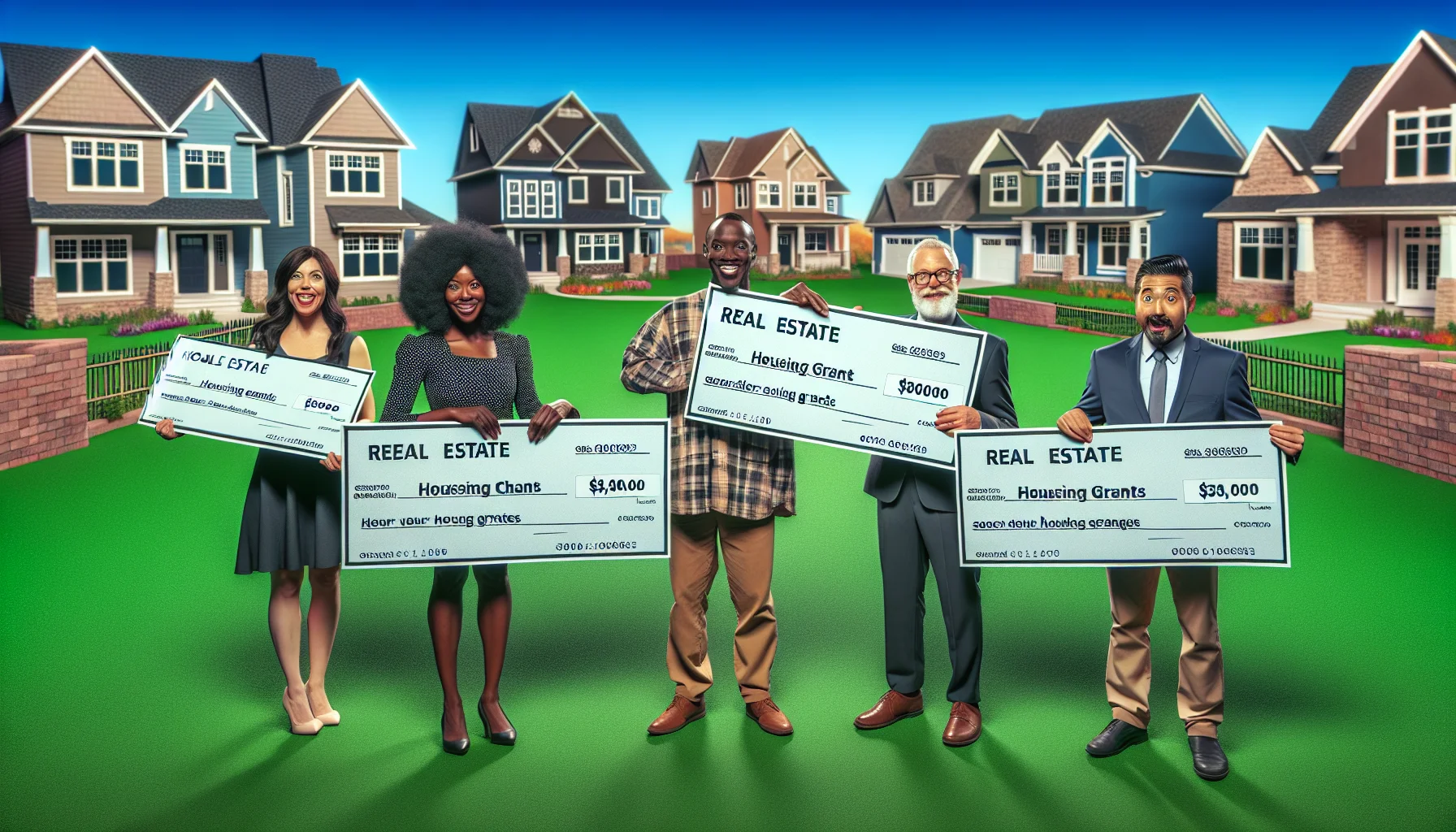 Visualize an amusing and hyper-realistic scenario where individuals secure their dream of homeownership in an idyllic real estate context. The scene unfolds showing individuals of different descents; a Black woman, a Caucasian man and a South Asian man holding oversized novelty cheques - signifying housing grants - with gleeful expressions. The backdrop is an array of beautifully constructed homes in diverse architectural styles nestled in a perfect suburban landscape under a clear blue sky, demonstrating the pinnacle of real estate splendor.