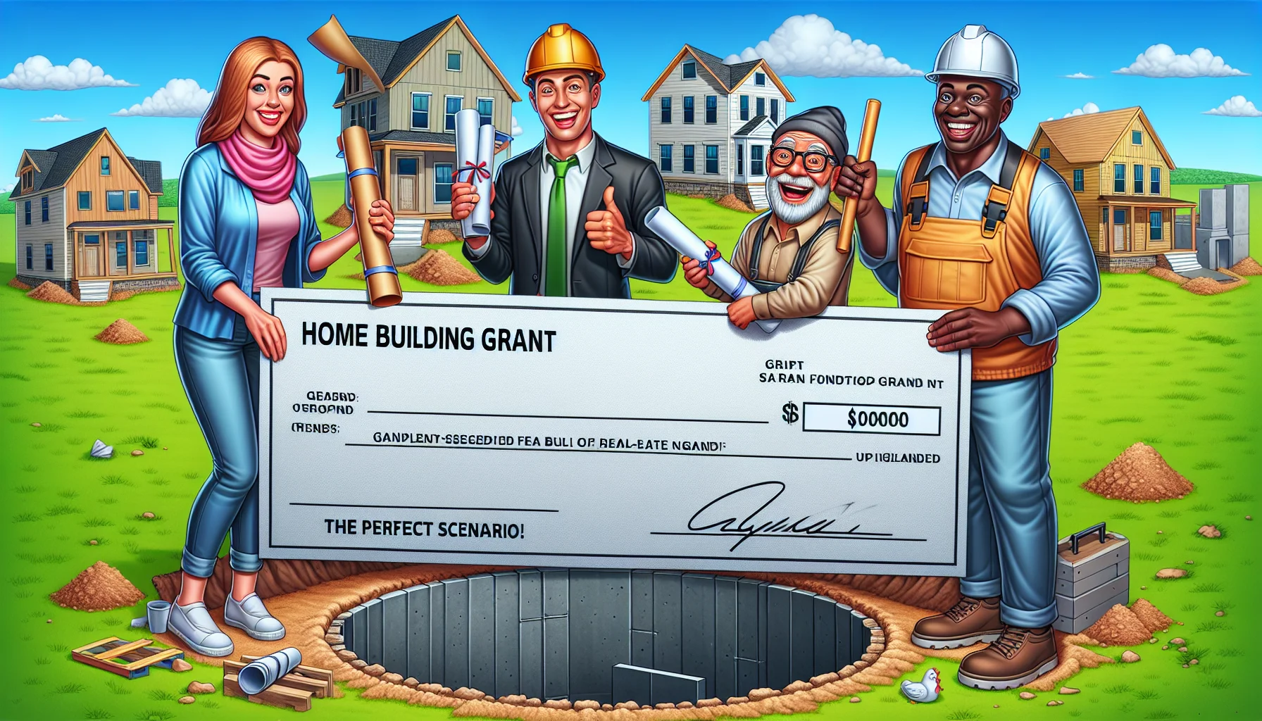 Depict a humorous realistic scenario showing the perfect home building situation related to real-estate grants. The scene should include an overjoyed group of people from different descents; a Caucasian adult woman holding a blueprint, a middle-aged Middle-Eastern man wearing a hard hat, smiling and standing near an oversized foundation hole, and a Black elderly man holding an oversized check labeled 'Home building Grant'. There should also be a 'The Perfect Scenario' sign hanging above their heads. In the background, show an idyllic green landscape with nicely designed upcoming houses.