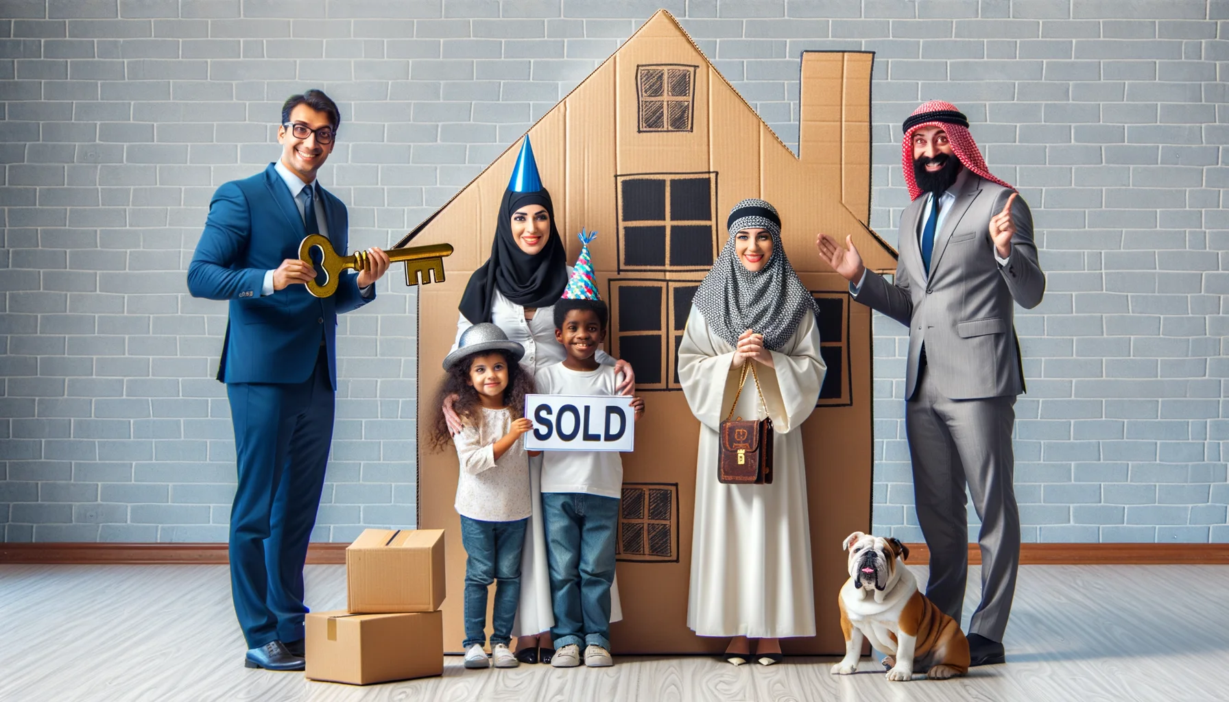 Generate a humorous and realistic image depicting an expat's home buying experience. Imagine a scenario where the expat family, comprised of a Middle-Eastern woman, a Hispanic man and their two Black children, are celebrating in a large cardboard house, complete with hand-drawn windows and a chimney. They are all wearing party hats and holding oversized keys. An eager real estate agent nearby, an Asian man, is presenting a huge 'SOLD' sign. Meanwhile, the bulldog beside them stares at the key curiously.