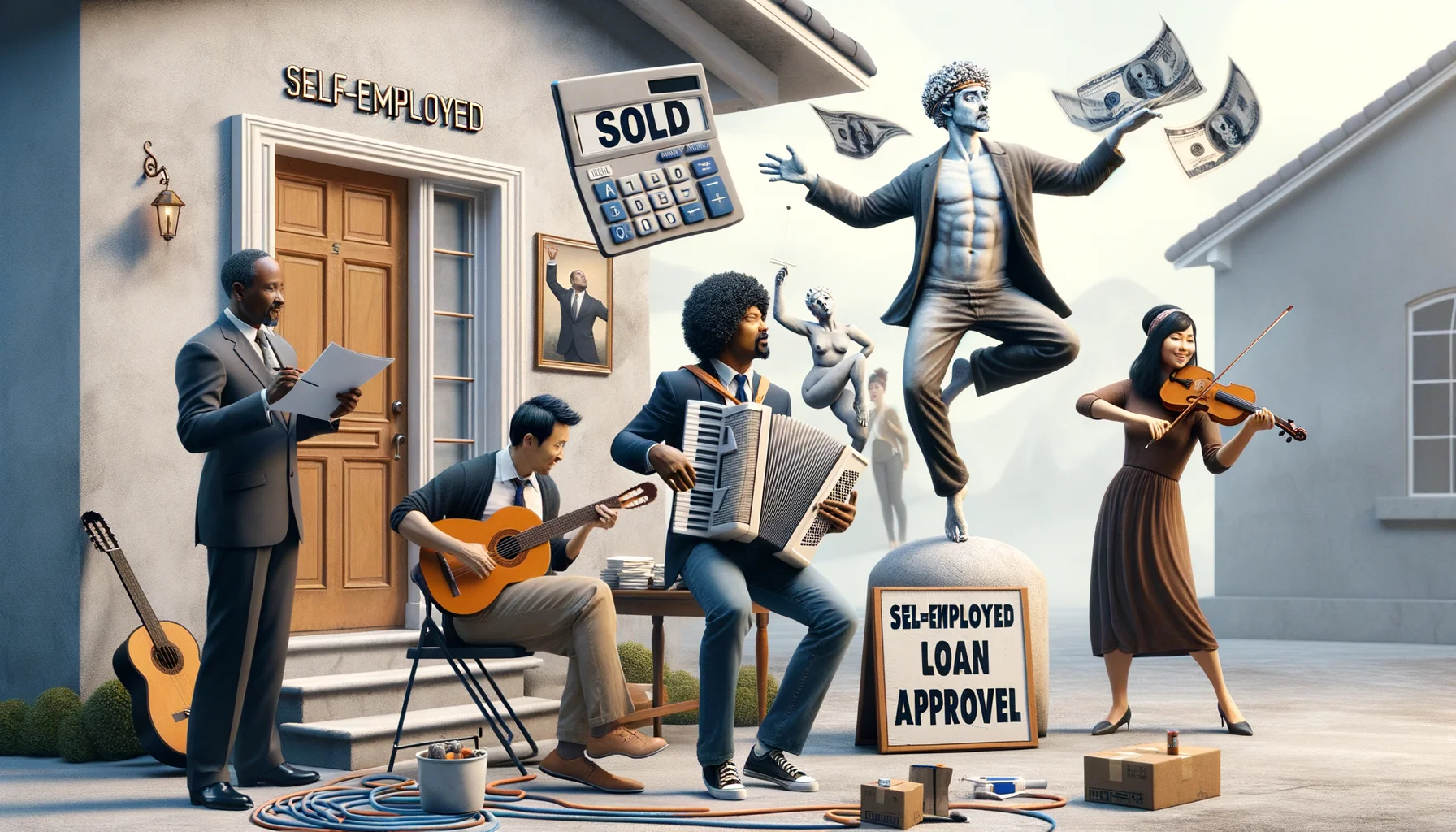 Create a hilariously realistic scene highlighting the experience of purchasing a home for self-employed individuals. It includes a diverse representation of people: an African male real estate agent with a comically oversized calculator, an Asian female bank representative with papers marked 'Self-Employed Loan Approval' flying around in the wind, and a White male self-employed artist, statue-like, balancing on one leg to hold a 'Sold' sign while simultaneously painting it with the other hand. Meanwhile, a Middle-Eastern woman musician plays a victory tune on a violin in the background. Reflect the ups, downs, and quirks in the home-buying process for self-employed individuals.