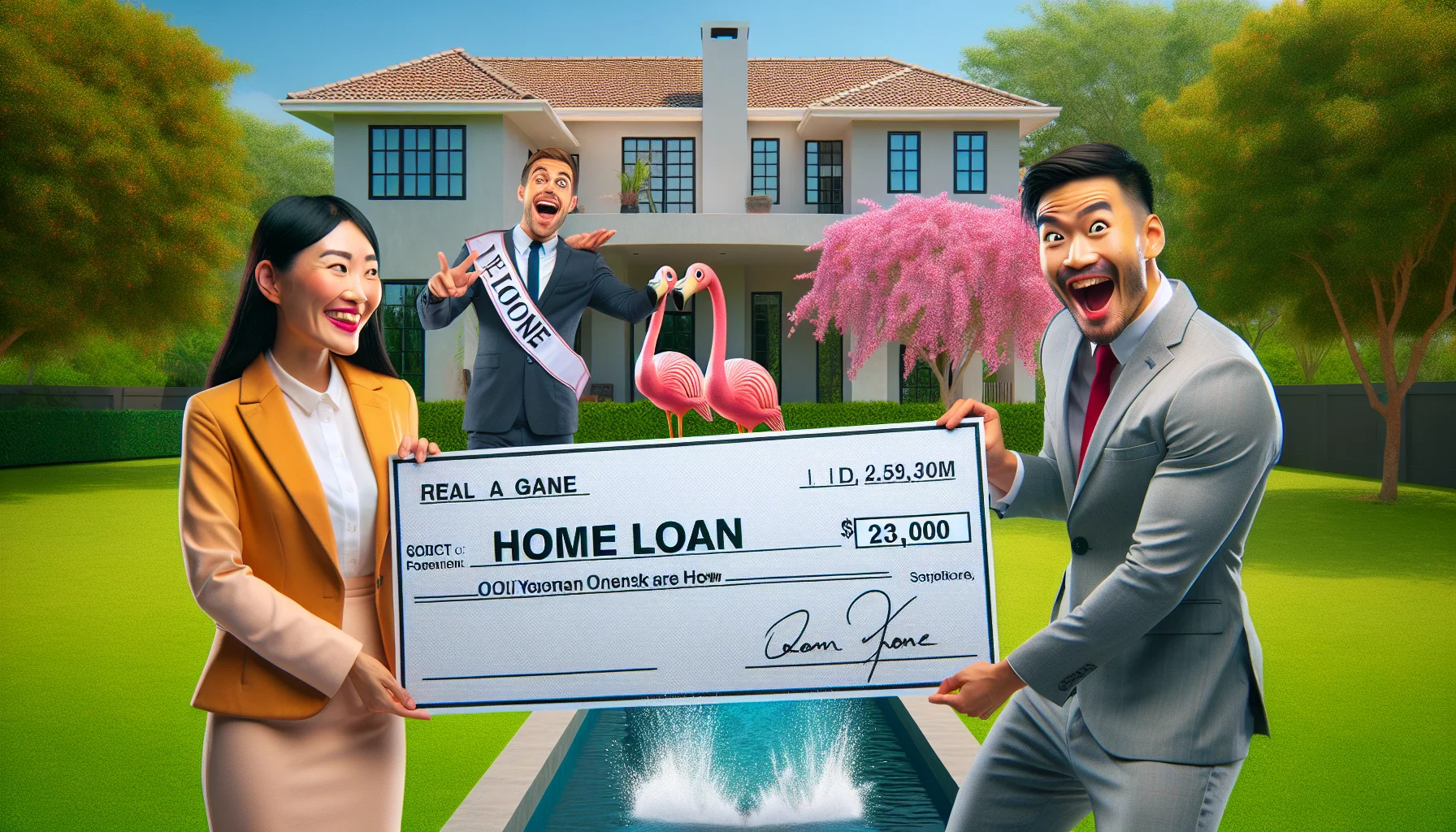 Create an image that showcases an idealized, humorous scene of home loan assistance in the real-estate world. Picture this: A real estate agent, an Asian woman in a bright colored suit, showing a cheerful Hispanic man in casual attire around a stunning, dream-like property with a lush garden in the backdrop. Nearby, a friendly, white bank representative, in professional attire, is dramatically presenting an oversized, symbolic check labeled 'Home Loan' with a huge grin on his face. Don't forget to add funny touches, like a pair of pink flamingos by the garden's pond or a small rainbow tailing out of the bank representative's briefcase.