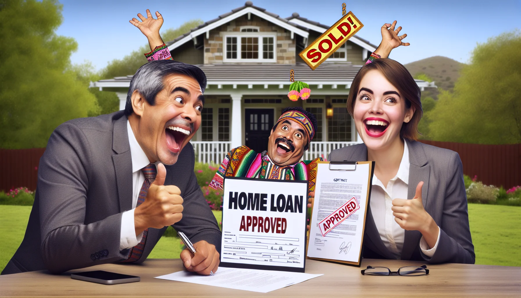 Create a humorous and realistic image representing an idyllic scenario in the USA's home loan environment. Detail a jubilant middle-aged Hispanic man, and a joyous younger South Asian woman, both dressed professionally, sealing a property deal. The background should be a beautiful crafted suburban bungalow with lush gardens and a 'Sold' signpost. Also show the contract with the words 'Home Loan Approved' prominently visible. Incorporate subtle fun elements that celebrate the ease and success of procuring a home loan.