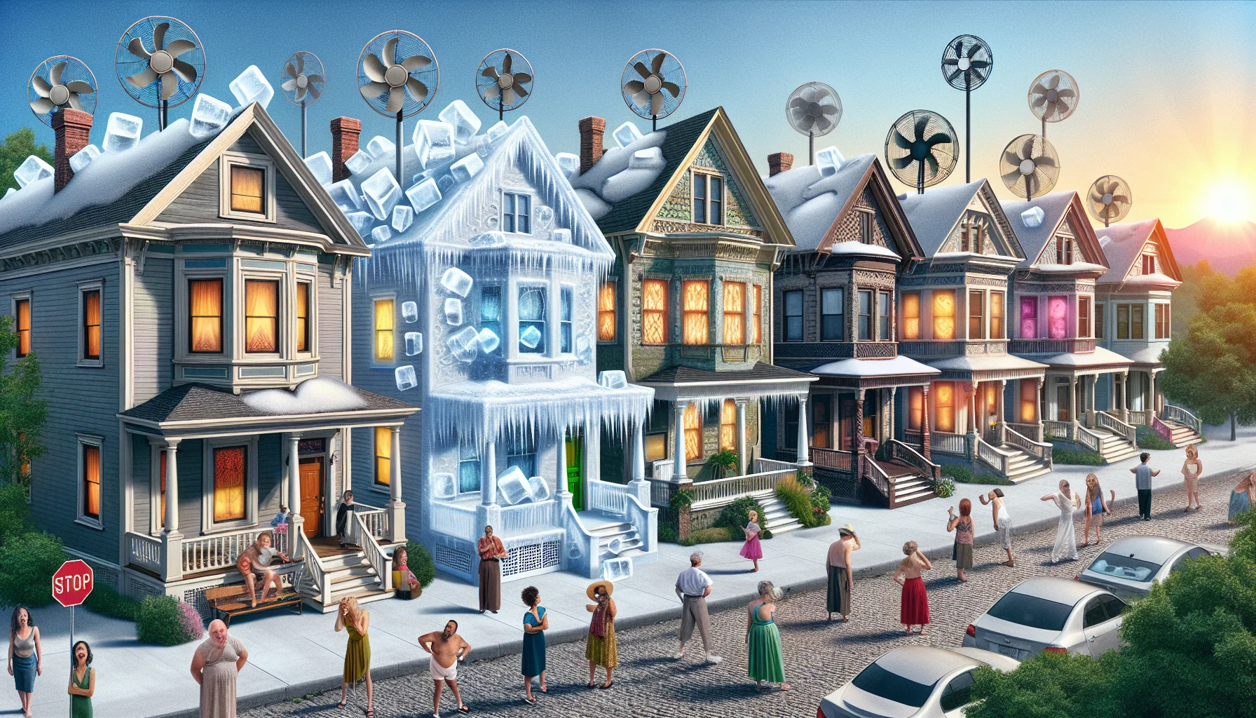 Generated a humorous, realistic image portraying the concept of a housing market cooling down. The scene takes place in an idyllic neighborhood with diverse samples of houses you would find in the real estate market: Victorian, colonial, modern, etc. These houses are humorously depicted with large ice cubes and fans around them, or frost patterns on the windows, symbolizing a 'cooling down' market. People from varying descents like Caucasian, Hispanic, and Middle-Eastern are visible in the backdrop, reacting in surprise or delight to this unusual scene.