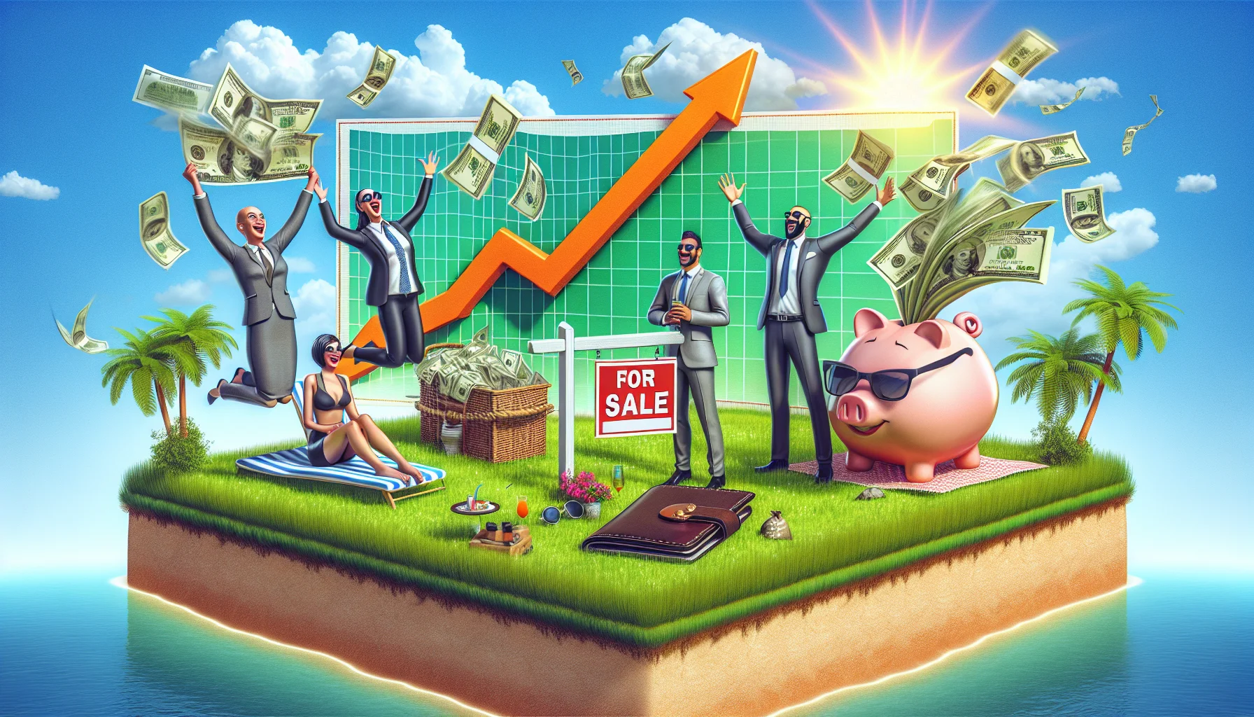 Visualize a humorous and realistic scenario presenting an ideal situation for investing in real estate. The image begins with a lush, expansive piece of land marked with a 'For Sale' sign beneath a perfect climate of sunny skies. To the left, an animated graph pointing upwards indicates the lucrative future value of the land. Nearby, a couple of people, one Middle-Eastern woman and one Caucasian man, both dressed in business attire are gleefully leaping in the air, clapping their hands above their heads. There's a giant wallet overflowing with cash in the background representing potential profits. Add in some humorous elements, such as a piggy bank seating on a sun lounger wearing sunglasses and sipping a cocktail, symbolizing the comfort and ease of this investment.