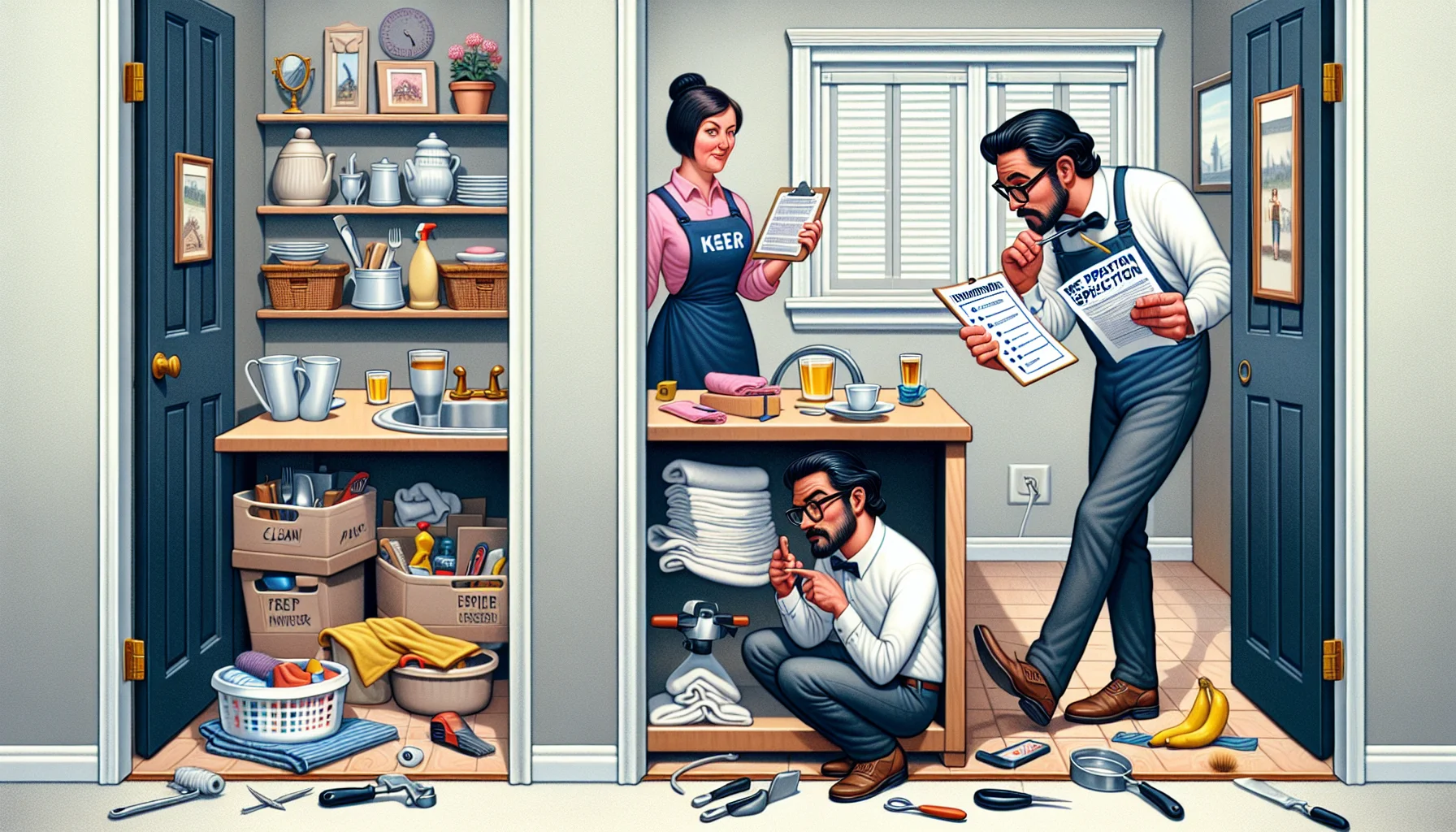 Create a humorous and realistic scene illustrating the ideal preparation for a home inspection from a real estate perspective. This scene should include a meticulous homeowner, who appears to be of South Asian descent, going about his duties meticulously; his tasks may include cleaning, making minor repairs and arranging belongings neatly. In another corner, there could be a home inspector, who is a Caucasian woman, with a checklist in hand, casting appreciative glances at the house. Various humorous elements such as the homeowner dusting a perfectly clean surface or meticulously aligning all the cutlery in the drawer can be incorporated to add a touch of humor.
