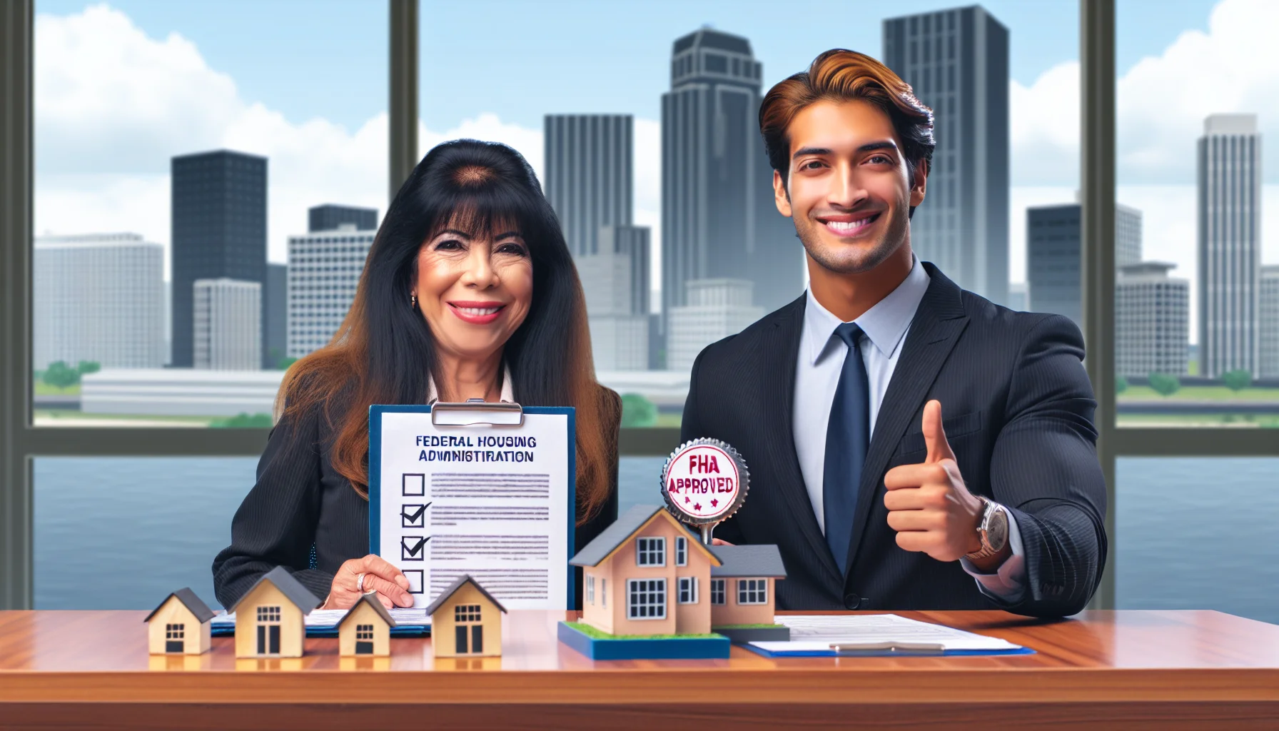 Create a humorous, realistic scene of the ideal scenario for qualifying for FHA (Federal Housing Administration) loans in real estate. Picture a smiling middle-aged Hispanic woman who is a successful realtor, wearing a business suit and holding a checklist with marked boxes. Beside her, imagine a confident young South Asian man holding an 'FHA approved' stamp confidently over a house plan. They are in a well-organized real estate office filled with mini models of houses and skyscrapers. The office window provides a view of a bustling city teeming with potential homebuyers.