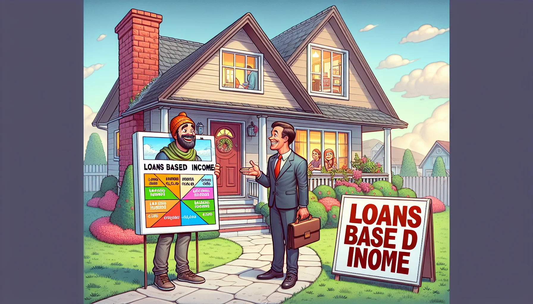 Imagine a humorous but realistic scene in a perfect world regarding real estate financing. A smiling realtor, a Caucasian man, is standing in front of a charming, affordable home, presenting it to a potential female Middle-Eastern buyer. He displays a colorful chart, clearly showing different loan options tailored to income levels. Nearby, a sign that says 'loans based on income' stands proudly. The house radiates coziness and affordability, with a well-tended garden that adds to the overall appeal. The potential buyer seems overjoyed, adding to the humor and pleasantness of the scenario.