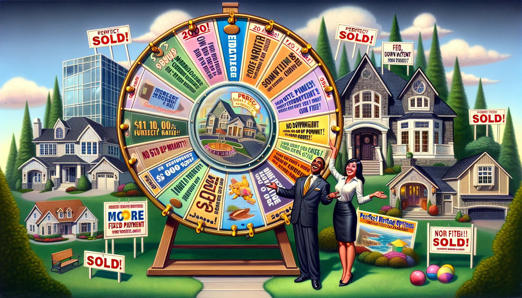 An amusing, realistic portrayal of the ideal scenario for mortgage options in real estate. Picture a brochure-like spread featuring a variety of lavish homes of different architectural styles – a modern glass mansion, a grand European castle, and a cozy country cottage – all having 'Sold!' placards in their well-manicured lawns. Nearby, a large, colorful wheel of fortune labeled 'Perfect Mortgage Options' spins, each of its segments depicting different beneficial features like '0% Interest!', 'No Down Payment!', and 'Lifetime Fixed Rate!'. A pair of delighted, diverse individuals - a Black woman and a Hispanic man, both wearing professional real estate agent blazers - cheerfully guide viewers through the dream-like scene.