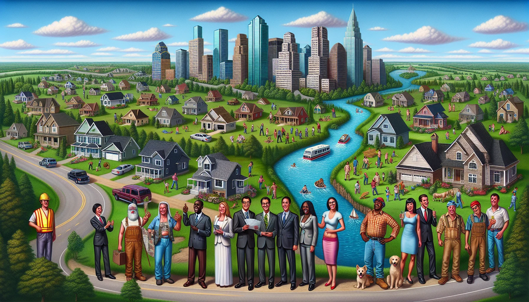 A humorous yet realistic image of an ideal real estate scenario in a national context. The scene prominently features a lush green landscape with a scenic river flowing through it, a mix of modern skyscrapers, charming suburban houses, and picturesque country cottages. Diverse people from different descents including Caucasian, Hispanic, Black, Middle-Eastern, and South Asian can be seen, some of them are real-estate agents in sharp suits showing off the properties to potential buyers, some are happy homeowners, while others are construction workers busy on their tasks, laughing and joking around. Traffic-free roads and clear sky add to the perfect scenario.