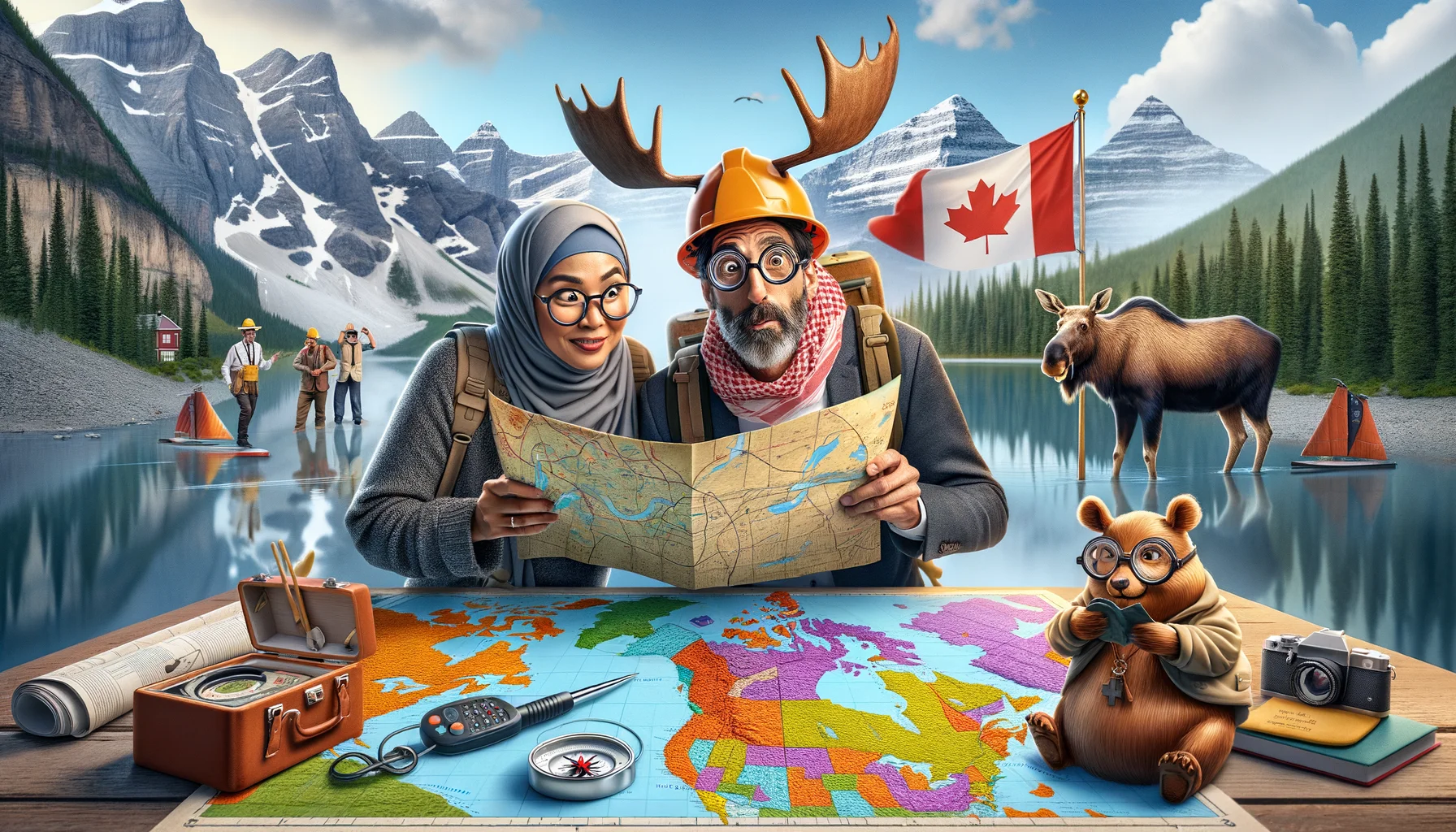 Imagine a humorous scene that perfectly captures the essence of navigating Canada's real estate market. In the foreground, a couple of diverse descent, a South Asian woman and a Middle-Eastern man, both amazingly prepared with treasure maps and compasses, humorously scrutinizing a giant, colorful map with familiar Canadian landmarks and whimsical property icons. In the background, a Moose wearing spectacles and a beaver in a construction helmet signify Canada's unique nature. All this set against picturesque Canadian scenery - snow-capped mountains, a maple leaf-strewn trail, and a serene lake reflecting the calm sky. The scene is rendered in a realistic style.