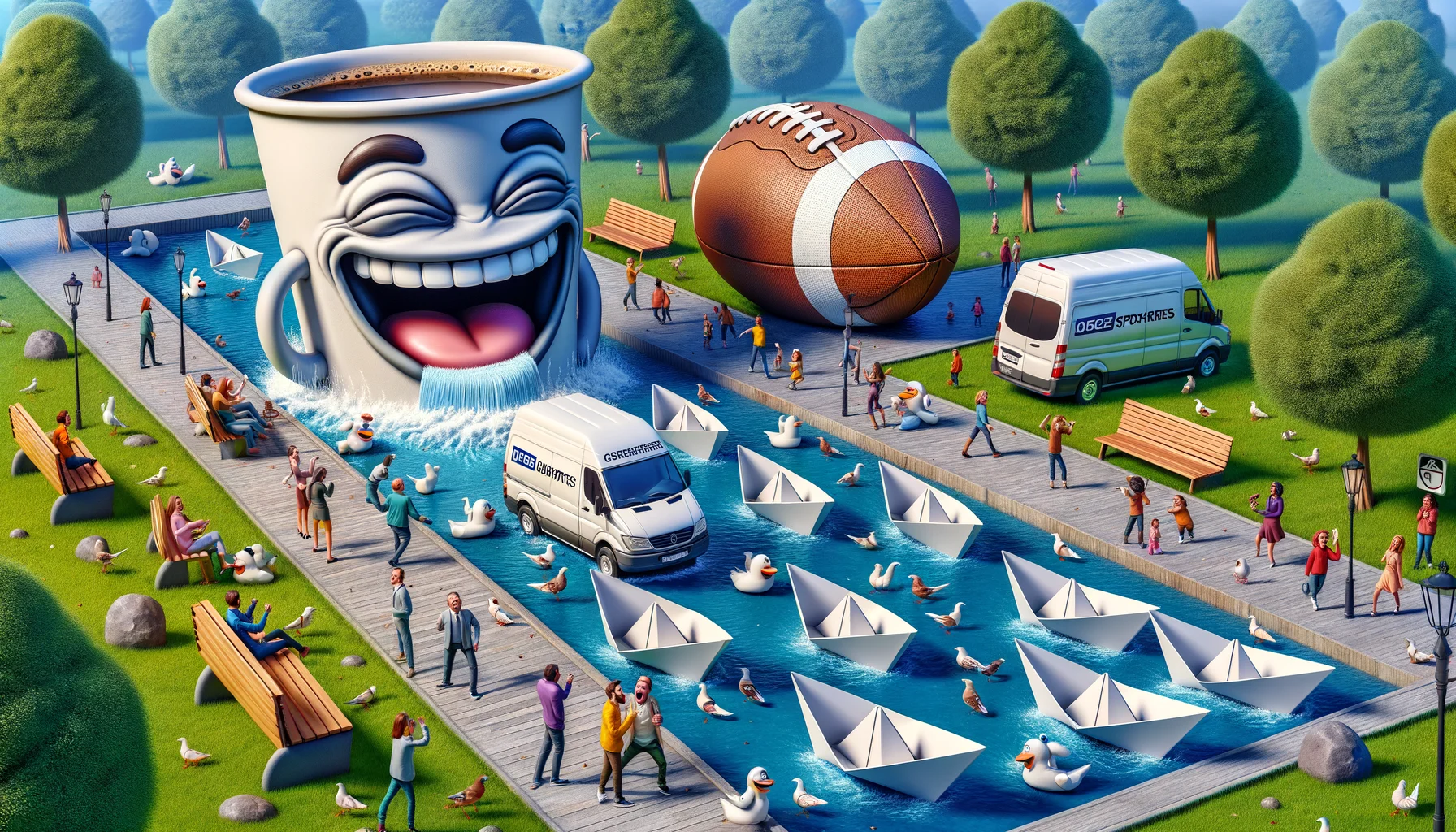 Imagine a playful and humorous scene involving an imaginary park. In the center, there's a comedic caricature of a large laughing coffee cup and an oversized plush football, symbolizing a cafe and a sports company - they are our trusted sponsors. Surrounding them are numerous paper boats resembling a fleet of delivery vans - our partners - floating leisurely in a manmade stream. To add a touch of realism, include details such as trees, grass, pigeons pecking at crumbs, park benches, and visitors of different ages and descents, capturing a diverse range of reactions from surprise to amusement.