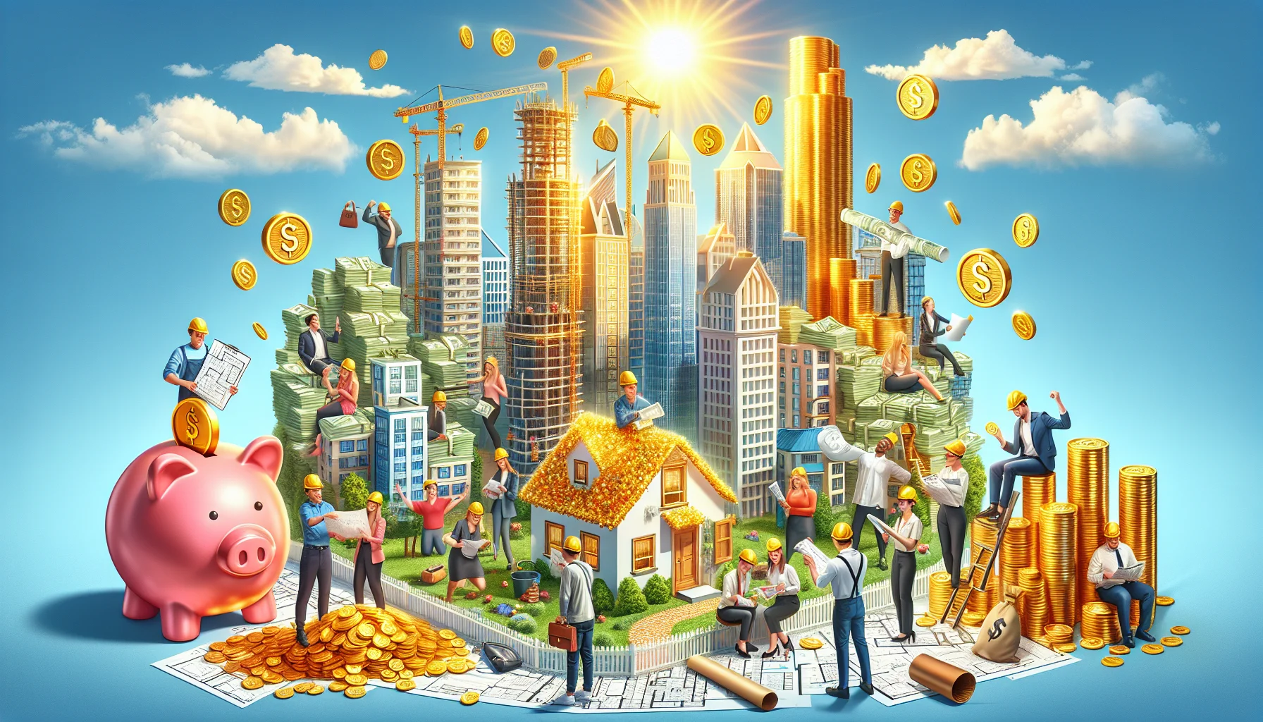 Illustrate a humorous and realistic scene of the ideal investment in real estate. In the scene, depict diverse investors of both genders and various descents. They are holding a map representing a city filled with potential properties for investment. Nearby, a giant piggy bank is overflowing with coins. In one corner, a house made of solid gold is seen, symbolising a successful investment. The city skyscrapers are made of stacks of money bills. Everyone in the scene is wearing hard hats and examining blueprints, signifying the planning and construction side of real estate. A vibrant sun in the sky is casting a golden light on the scene exemplifying possibility and prosperity.
