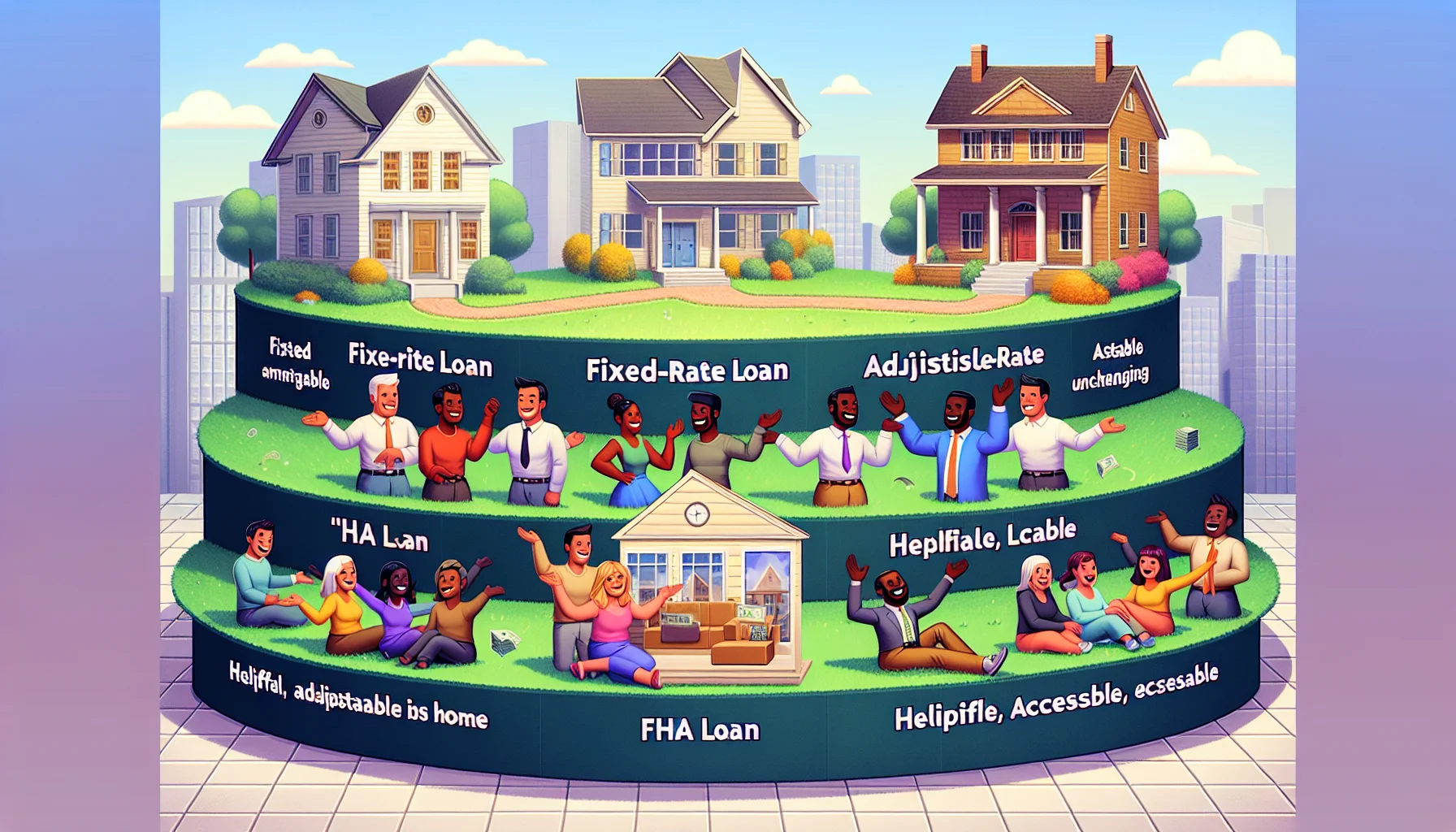 Generate a humorous yet realistic image illustrating different types of real estate loans. Showcase a favorable and perfect real estate environment. Include a 'Fixed-rate loan' represented as a stable, unchanging structure; an 'Adjustable-rate mortgage' shown as a flexible, adaptable building; an 'FHA loan' portrayed as a helpful, accessible pathway towards a cozy home, and a 'VA loan' demonstrated as a proud, steadfast edifice. Also depict a diverse group of cheerful individuals of various racial descents (Caucasian, Hispanic, Black, Middle-Eastern, South Asian) and gender enthusiastically discussing over these structures, implying their understanding and satisfaction in such a perfect scenario.
