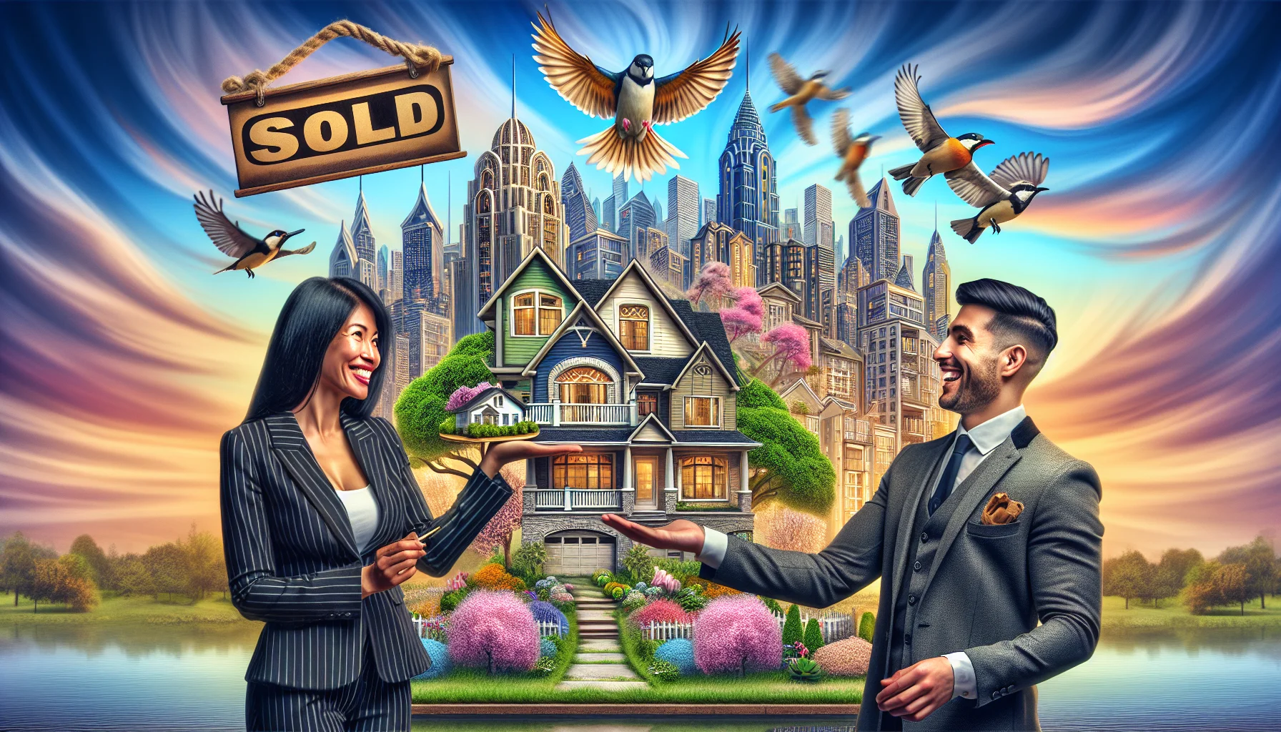 Imagine a whimsical and appeal-filled image reflecting the epitome of an ideal real estate transaction. On one side of the image, place an upbeat South Asian female real estate agent, clad in professional attire, smiling as she holds up a model of a beautiful house with an elaborately manicured garden. On the other side of the picture, there's a Hispanic male client, beaming with joy as he gleefully shakes hands with the agent, having just secured his dream home. The background is a vibrant cityscape showing diverse architectural styles, embodying the thriving real estate market. Add touches of humor, such as birds lifting the 'Sold' sign, to bring a lighthearted touch to the scene.