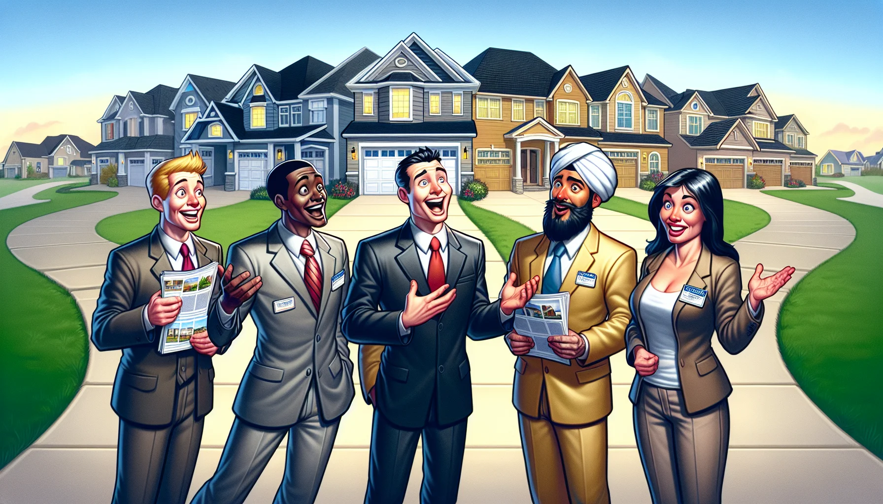 Illustrate a humorous yet realistic scene showcasing a group of five realtors, each with different descents - Black, Caucasian, Hispanic, Middle-Eastern, and South Asian respectively. Each realtor is enthusiastically explaining the features of their represented properties. They all stand in front of an row of immaculate, luxurious homes, the kind often found in perfect real estate scenarios. The sky is crisp blue and the atmosphere is filled with excitement. An animated couple - a Caucasian man and a South Asian woman - looks on with wide-eyed amazement at the properties presented to them.
