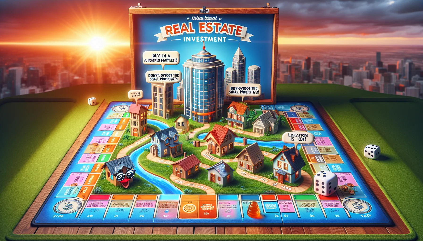 An amusing, hyper-realistic image displaying ideal real estate investment strategies. It comprises a vibrant gameboard spread across an oak table. The gameboard illustrates a fictional, flawless city, filled with various types of properties. Each property on the board has a humorous cartoon mascot, emanating funny tips, such as a skyscraper with glasses reading 'Buy in a rising market,' a small shack with a sign saying 'Don't overlook the small properties!', and a mansion standing proud stating 'Location is key.' A pair of dice rolling across the board signifies taking calculated risks in investments. The setting sun in the backdrop of the game brings a dramatic effect.