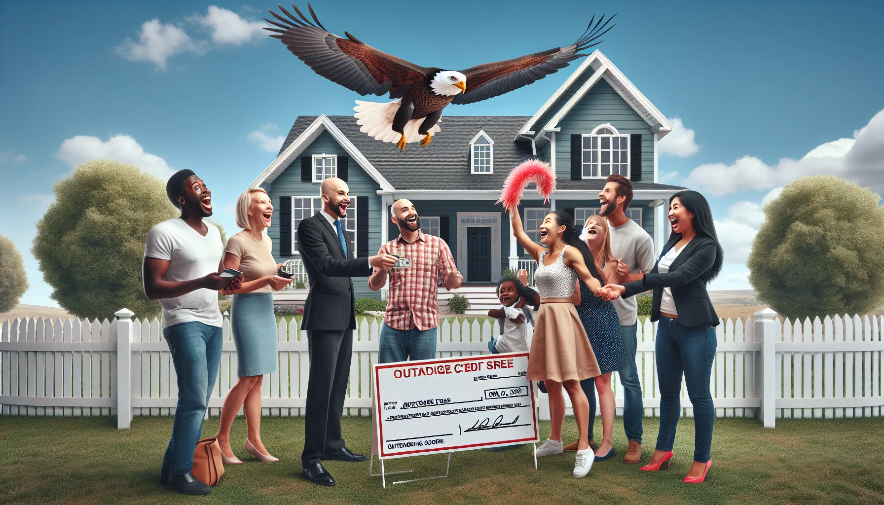 A humorous and realistic image showing a perfect scenario for home loans in the United States. It features a diverse range of adults (Hispanic woman, Black man, Caucasian man, Middle-Eastern woman) with joyful and surprised expressions as they inspect a luxurious white picket fence house with a red mortgage free sign in the lawn. A bald eagle soars across a blue sky overhead, a symbol of American freedom. Meanwhile, a real estate agent, a South Asian woman, hands over the house keys to the group, overjoyed. Include a comedic oversized cheque with the text 'Outstanding Credit Score'. The whole scene unfold in a friendly neighborhood.