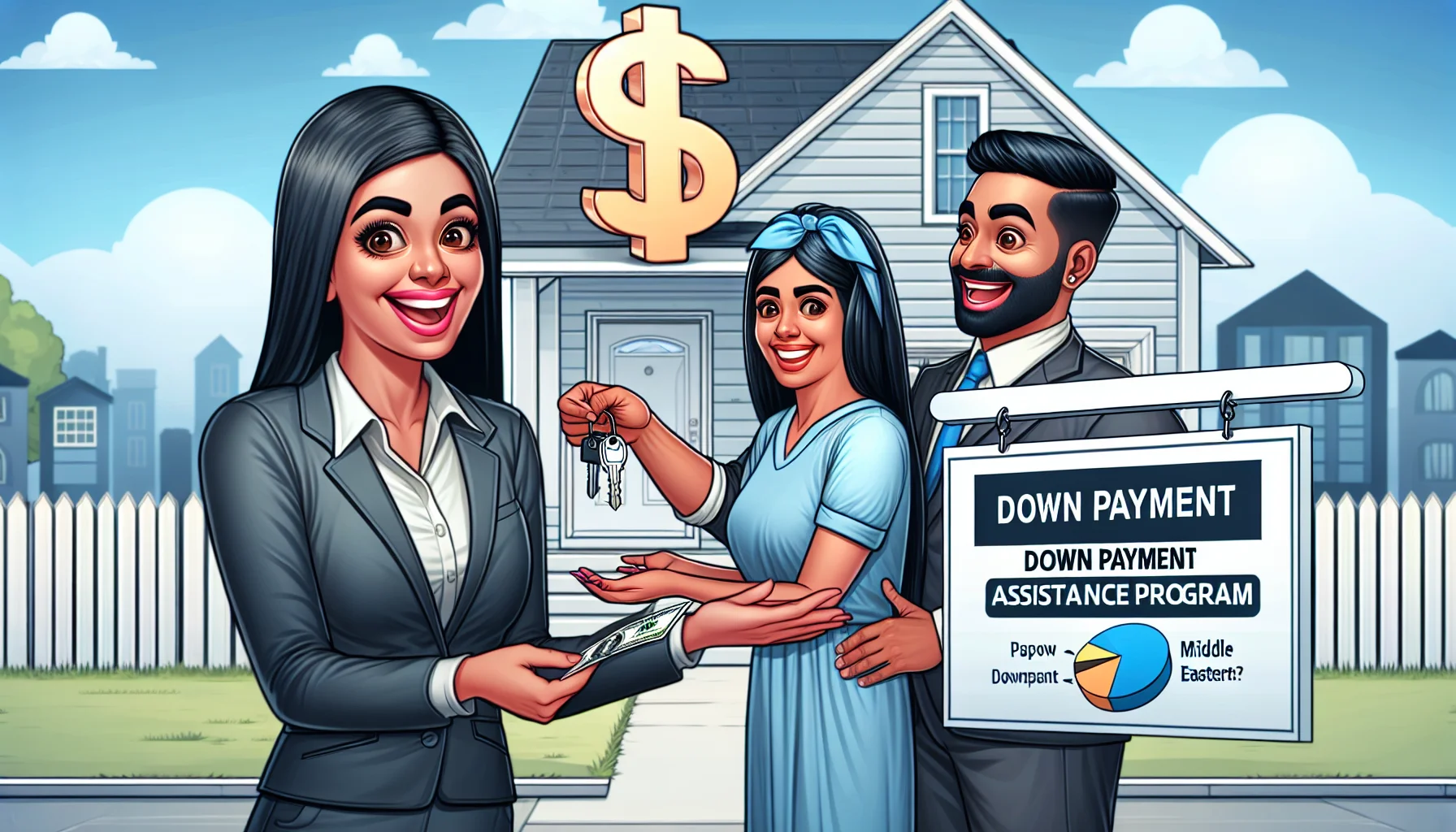 Create a comedic yet realistic image that perfectly represents a down payment assistance program in relation to real estate. Picture a South Asian female real estate agent with a big friendly smile handing keys to a middle-eastern couple, both looking elated. Display a house on the background, with a giant dollar sign flying from the sky onto the house roof as if symbolizing the down payment assistance. Include a small signboard that manages to incorporate a pie chart showing a notably reduced downpayment amount thanks to the assistance program.