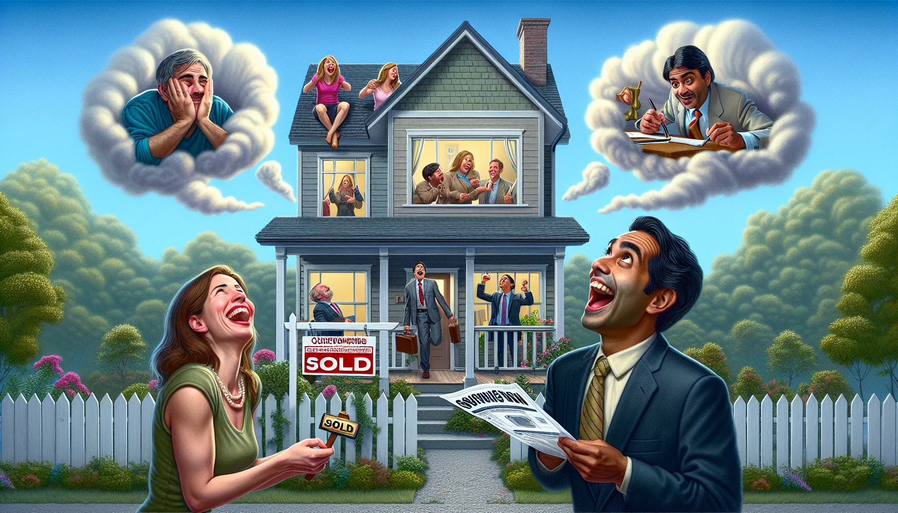 Imagine an impeccably detailed image that humorously illustrates the advantages of homeownership in a perfect real estate scenario. In the center of the scene, a gleaming, spacious two-storey house with a charming garden. A Caucasian woman and a Hispanic man are exuberantly celebrating their first house purchase in front of a 'Sold' sign. Nearby, an overjoyed South Asian mortgage broker clutches a favorable property appraisal report. Their expressions, exaggerated for comedic effect, contrast starkly with renters depicted in the background, peering forlornly from cramped apartment windows. The sky is a serene blue, symbolizing a stable and favorable market. Charmingly unrealized dreams sit within reach.
