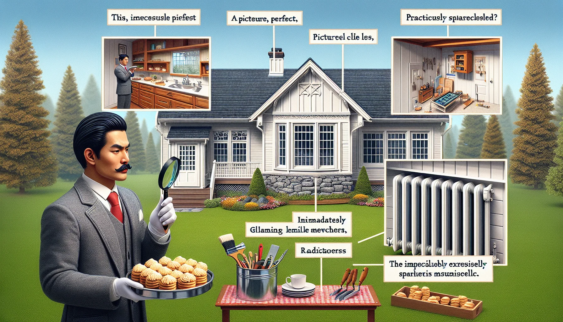 Visualize a humorous and realistic scene representing the ideal home inspection for real estate purposes. Picture a South Asian female inspector with a magnifying glass in one hand, meticulously scanning over a picture-perfect, yet absurdly immaculate home. Background shows a perfectly manicured lawn, a flawless roof, and a foundation that's practically sparkling clean. In the foreground, showcase hilariously exaggerated perfect features such as, radiators impossibly gleaming like mirrors and the impeccably organized tool shed with tools hanging symmetrically. An East Asian male homeowner, looking ridiculously proud, stands by with a tray of freshly baked cookies, indicating an inviting homely atmosphere.